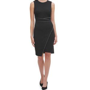 Brand New Women's Tommy Hilfiger Black Piped Sheath Dress With Asymmetric Hem